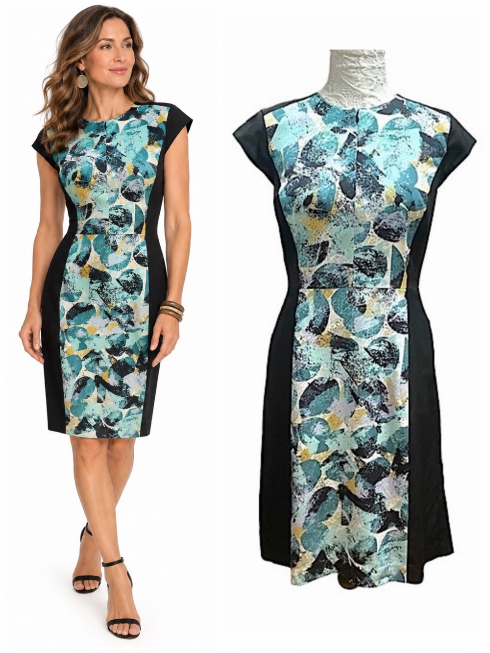 Classiques Entier Size 4 Abstract Colorblock Sheath Dress Teal Black Career Chic